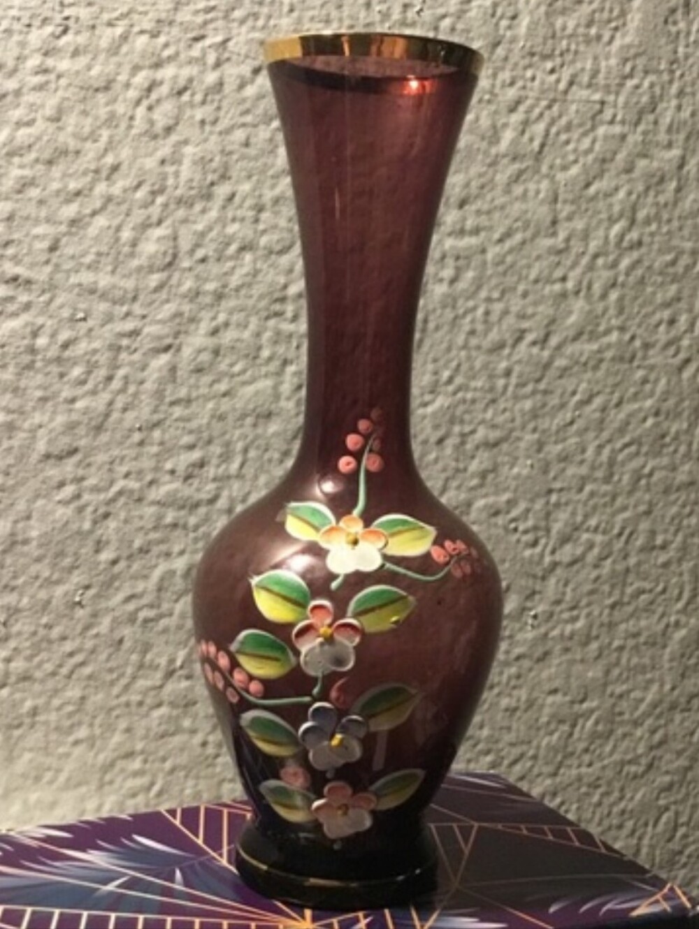 Vintage Kreiss Japan Bud Vase Purple Art Glass Gold Trim Hand Painted Flowers